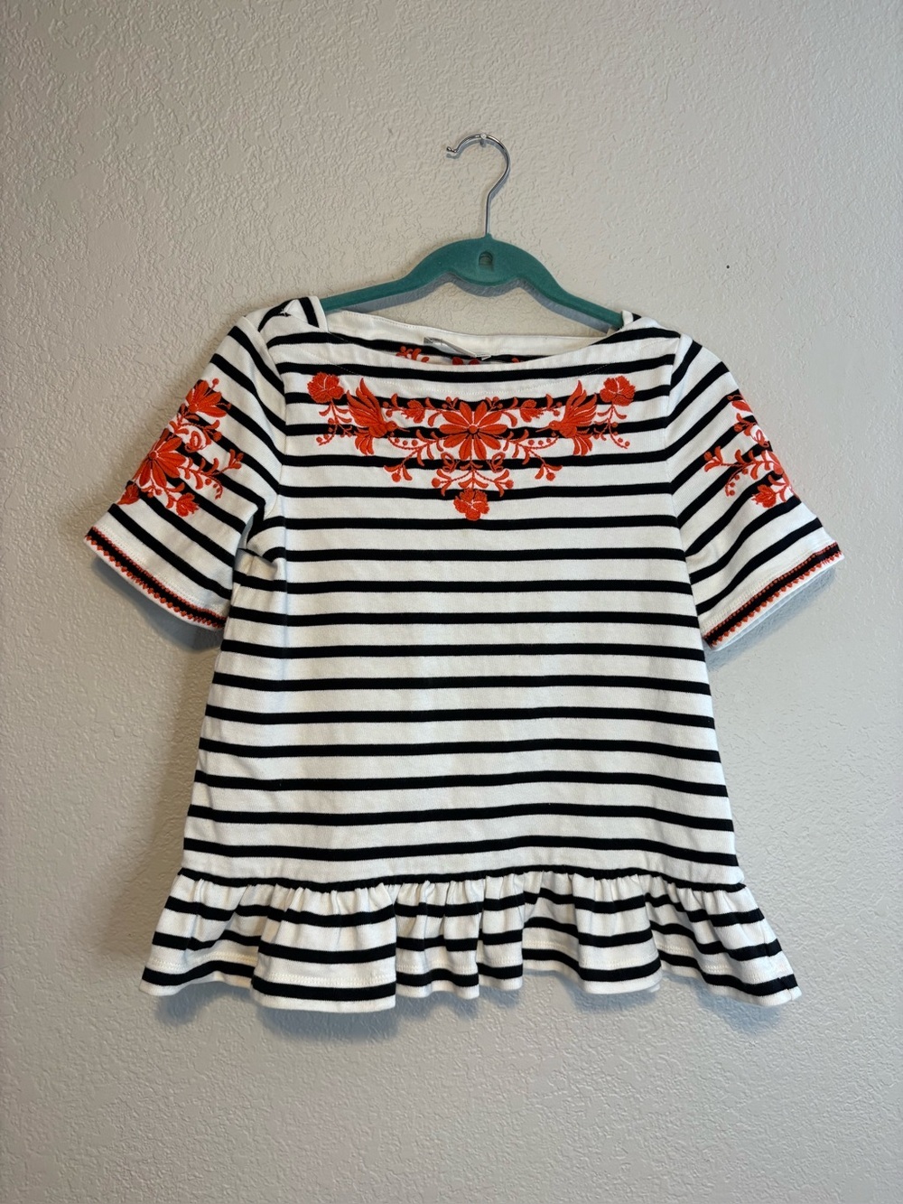 Kate Spade Broome Street Stripe Embroidered Ruffle Peplum Top Shirt Small S